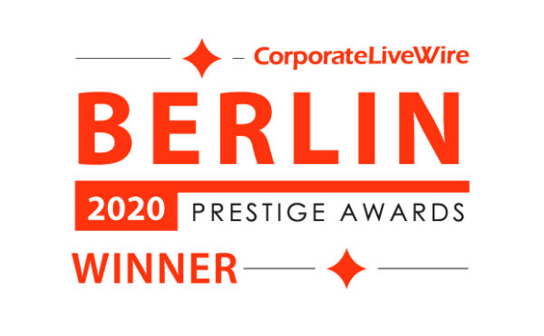 Corporate LiveWire Berlin 2020 Prestige Awards Winner badge, orange design with text highlighting the award title.