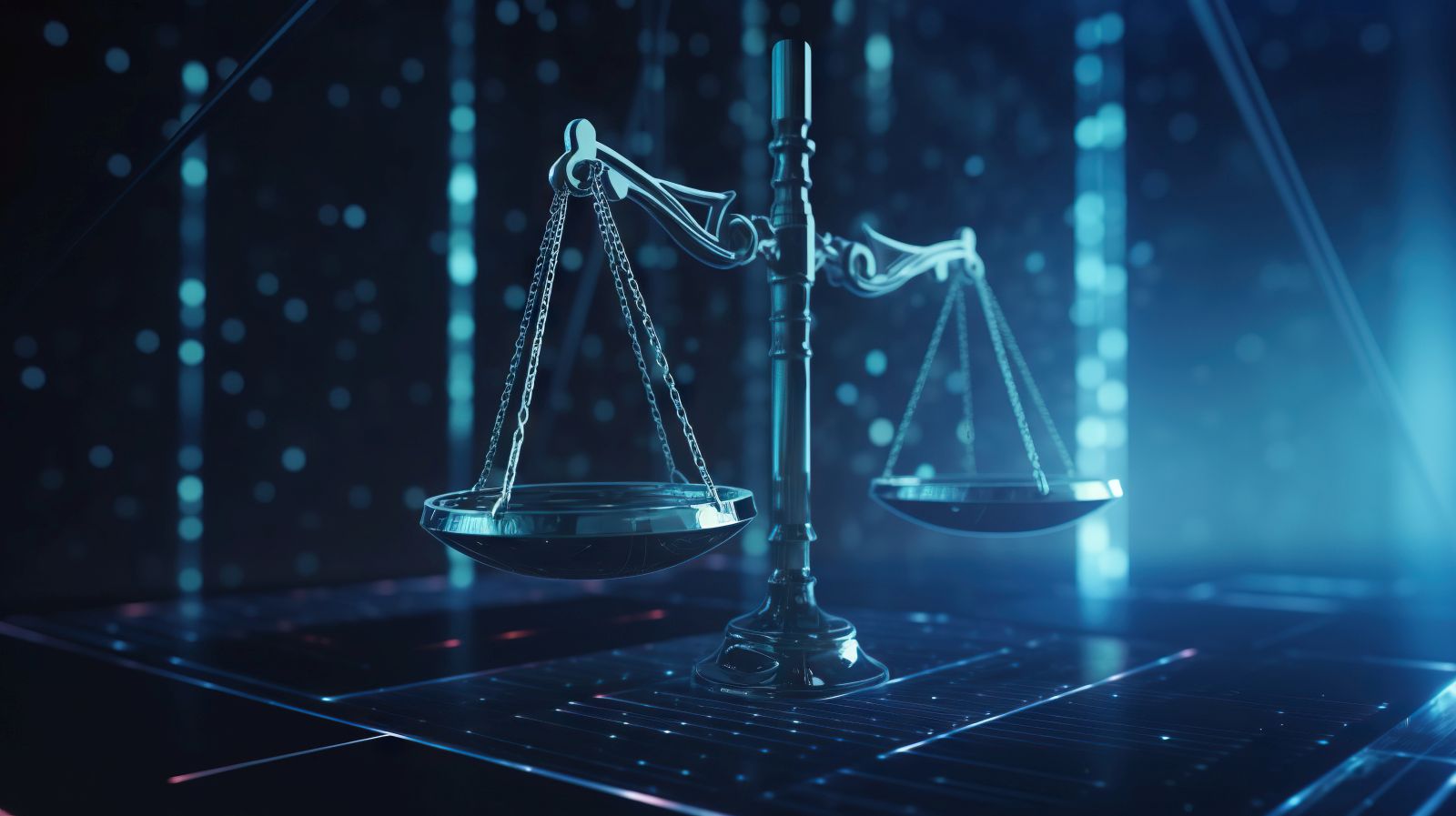Futuristic scales of justice with glowing blue digital background, symbolizing legal technology and innovation in law.